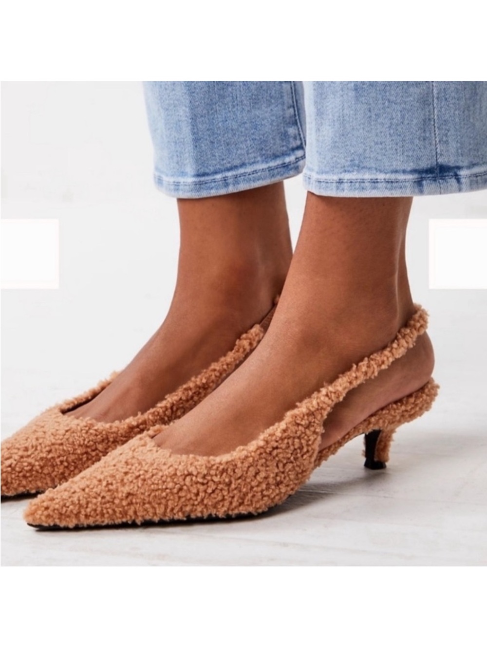 Gianni Bini Tan Faux-Sherpa Slingback Kitten Heel Pumps